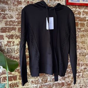 Ganni Newkirk crochet trim stretch knit hoodie sweatshirt in black EU 34 (XS)